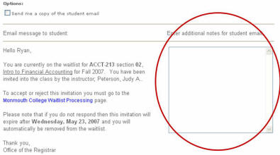 Enter additional notes for student email Text Box